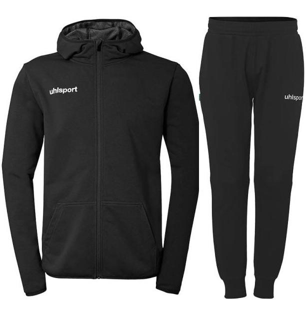 dres sportowy męski uhlsport essential czarny składający się z rozpinanej bluzy z kapturem oraz zwężanych spodni dresowych z białym logo.