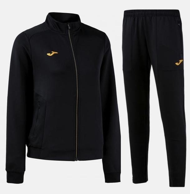 Damski dres reprezentacyjny Joma Confort V – czarny komplet z rozpinaną bluzą ze stójką i zwężanymi spodniami sportowymi o taliowanym fasonie.