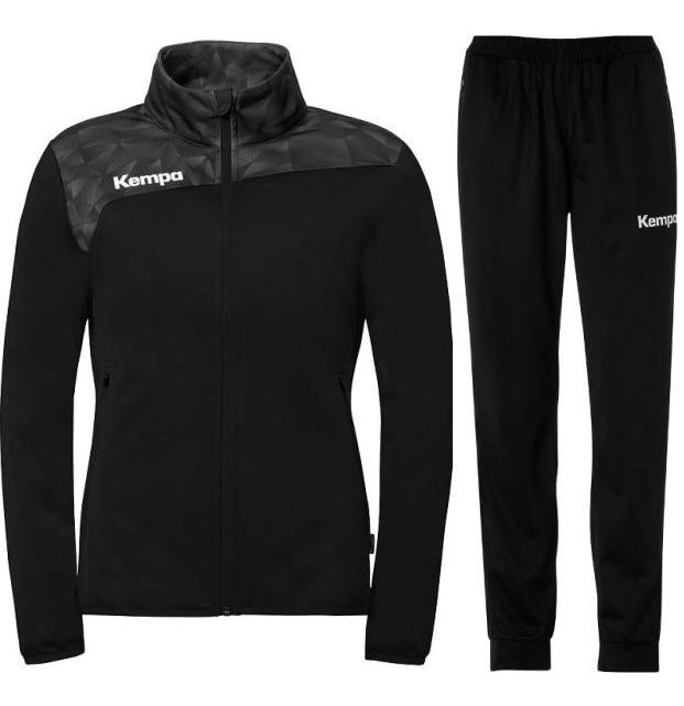 Damski dres treningowy Kempa Athletics 29 w kolorze czarno-antracytowym – komplet bluza poliestrowa i spodnie.