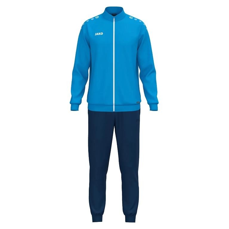 Męski dres treningowy JAKO One – turkusowa bluza treningowa z granatowymi detalami i granatowe spodnie dresowe ze ściągaczami.
