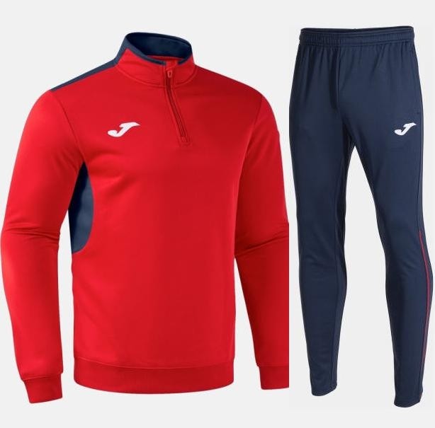 Męski dres treningowy Joma – czerwono-granatowy komplet z bluzą Winner IV i spodniami Champion VIII.