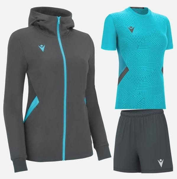 Damski komplet treningowy Macron Bastet – antracytowa bluza sportowa z kapturem i turkusowymi detalami, turkusowa koszulka treningowa oraz antracytowe spodenki.