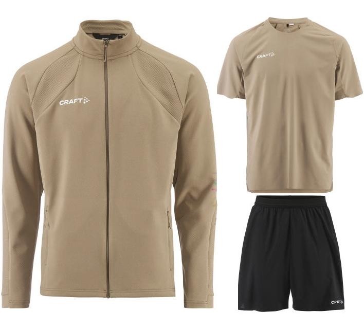 Męski komplet sportowy Craft Extend 2.0 – beżowa rozpinana bluza, beżowa koszulka meczowa i czarne spodenki treningowe z białymi detalami.