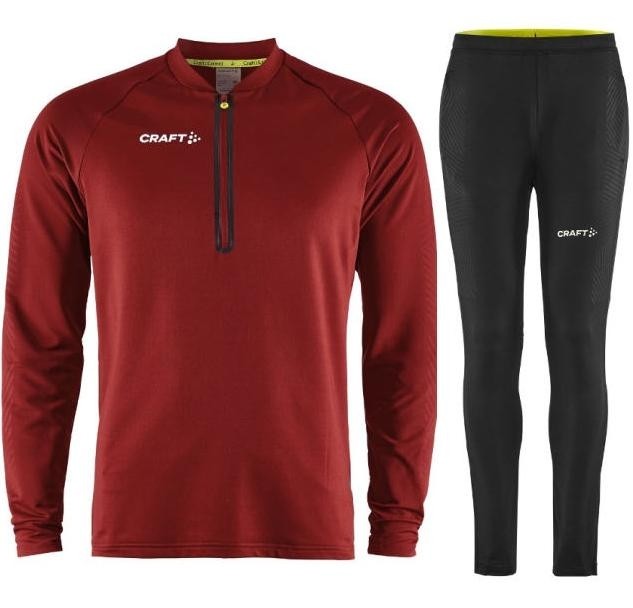 Męski dres sportowy CRAFT Extend – bordowa bluza z krótkim zamkiem (Half Zip) oraz czarne techniczne spodnie treningowe.