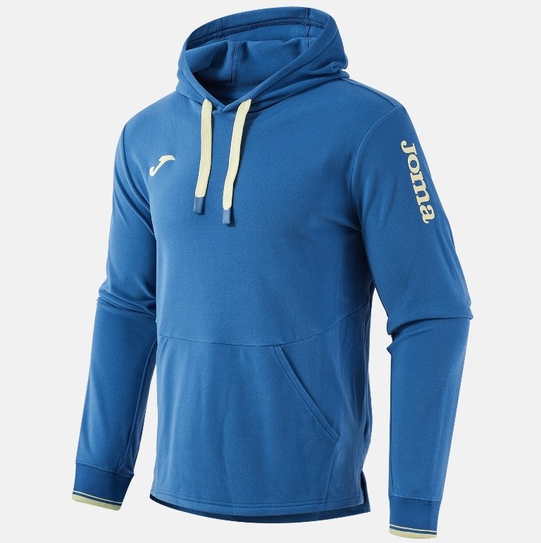 Niebieska męska bluza z kapturem Joma Invictus – sportowe hoodie z kieszenią typu kangurka i kontrastowymi sznurkami.