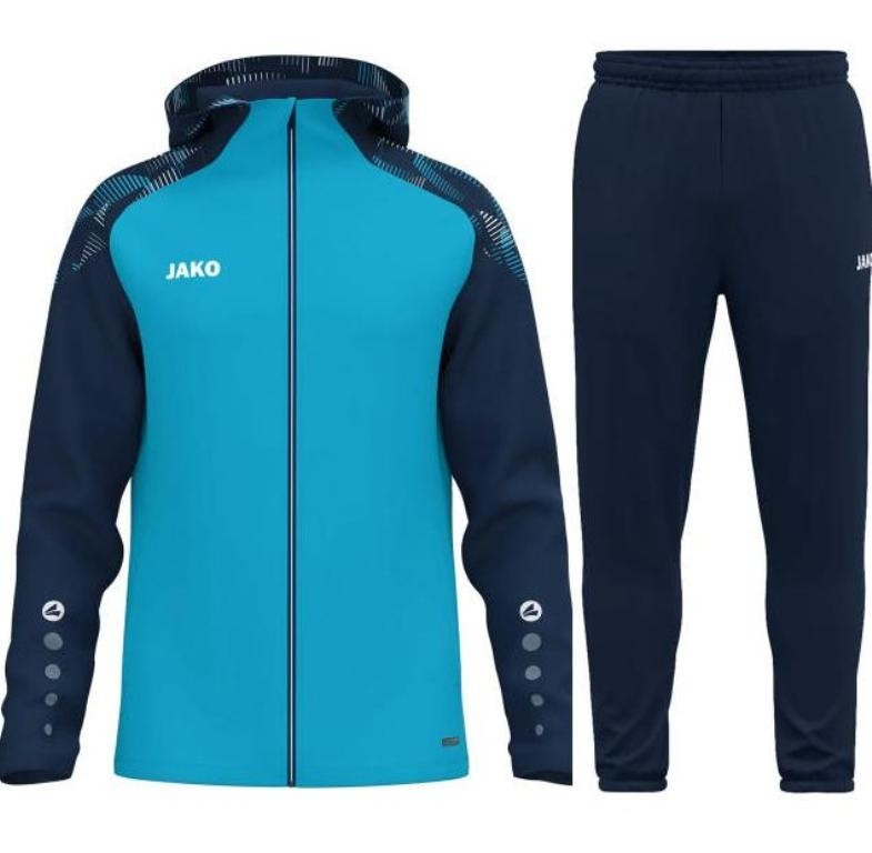 Męski dres sportowy JAKO – turkusowa bluza z kapturem Sonic z granatowymi grafikami na rękawach oraz granatowe spodnie dresowe Dynamic.
