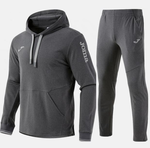 Męski dres sportowy Joma Invictus – popielata bluza z kapturem wkładana przez głowę oraz dopasowane spodnie dresowe ze ściągaczami.