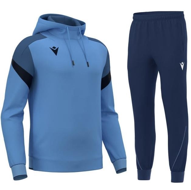 Męski dres sportowy Macron Alchemist błękitna bluza z kapturem i granatowe spodnie