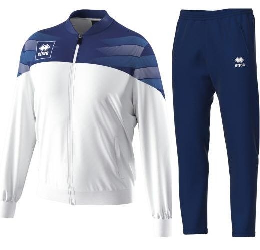 Męski dres tenisowy Erreà – biała bluza Billy z granatowo-turkusowym wzorem na ramionach oraz granatowe spodnie sportowe Virgo.