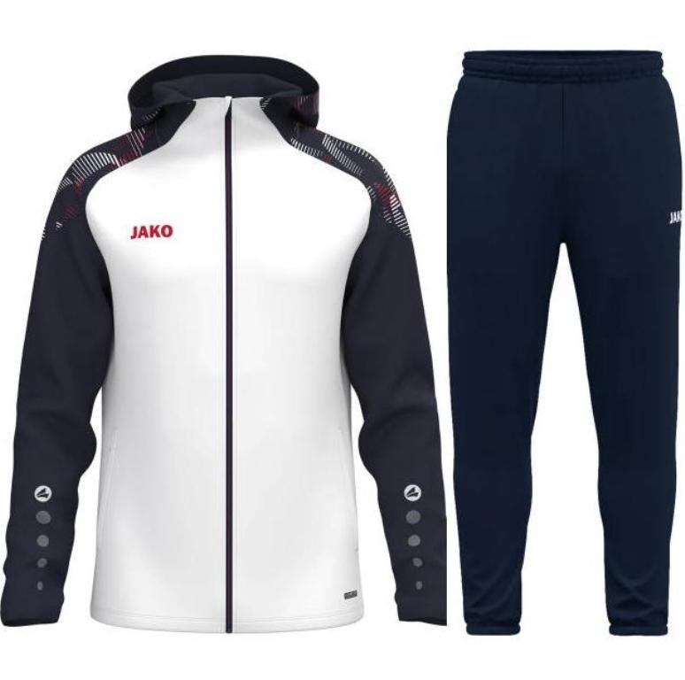 Męski dres tenisowy JAKO – biała bluza z kapturem Sonic z granatowymi akcentami oraz granatowe spodnie sportowe Dynamic.