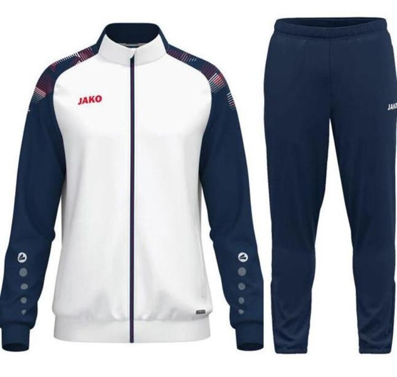 Męski dres treningowy JAKO – biała bluza Sonic z granatowymi akcentami na rękawach oraz granatowe spodnie treningowe Dynamic ze ściągaczami.
