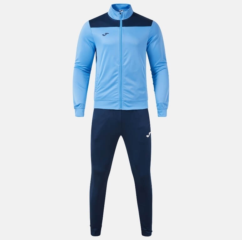 Męski dres treningowy Joma Phoenix II – błękitno-granatowa bluza sportowa zapinana na zamek oraz dopasowane spodnie treningowe z logo Joma.