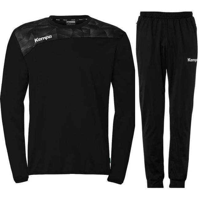 Męski dres treningowy Kempa Athletics 29 w kolorze czarnym z antracytowym wzorem na ramionach – komplet bluza i spodnie.