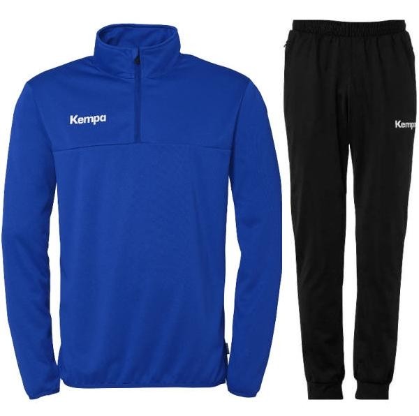 męski dres treningowy kempa training niebiesko-czarny składający się z niebieskiej bluzy rozpinanej pod szyją na krótki zamek oraz dopasowanych czarnych spodni ze ściągaczami.
