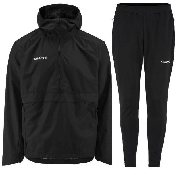 Męski komplet treningowy Craft Extend 2.0 – czarna kurtka sportowa rozpinana z wysoką stójką oraz dopasowane czarne spodnie treningowe.