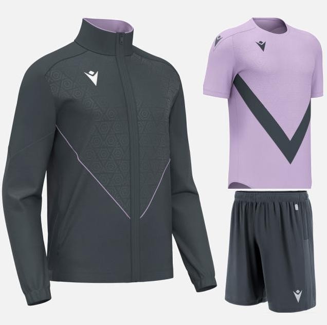Męski komplet treningowy Macron Poseidon – antracytowa bluza z fioletowymi detalami na zamek, fioletowa koszulka meczowa oraz antracytowe spodenki sportowe.