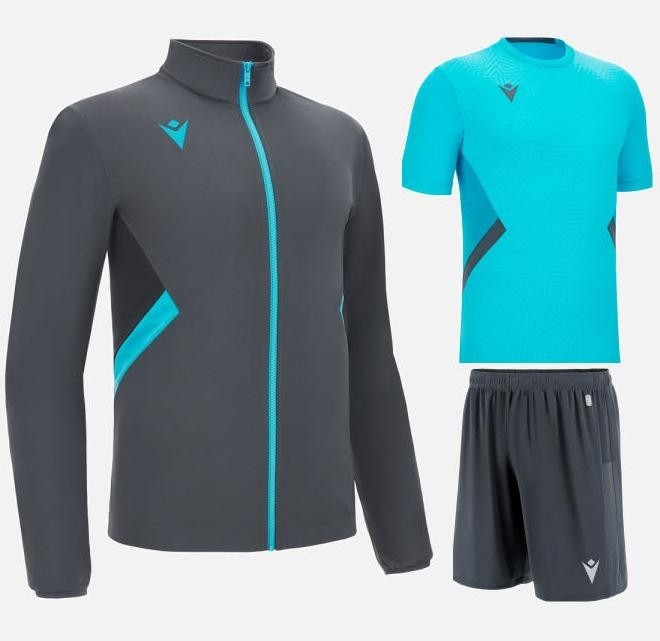 Męski komplet treningowy Macron Raijin – popielata bluza sportowa z turkusowymi akcentami, turkusowa koszulka meczowa Shedir i antracytowe spodenki Skara.