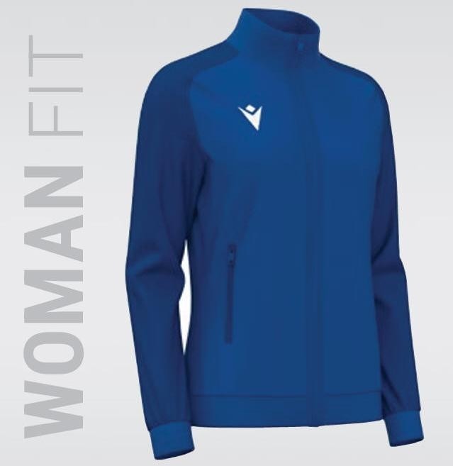 Damska niebieska bluza treningowa Macron Rama Energy – model rozpinany na zamek ze stójką, kieszeniami bocznymi i białym logo Macron Hero na piersi.