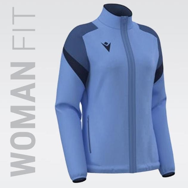 Damska bluza treningowa Macron Athena Rising – turkusowy model z granatowymi panelami na ramionach, wysoką stójką i czarnym logo Macron Hero na piersi.