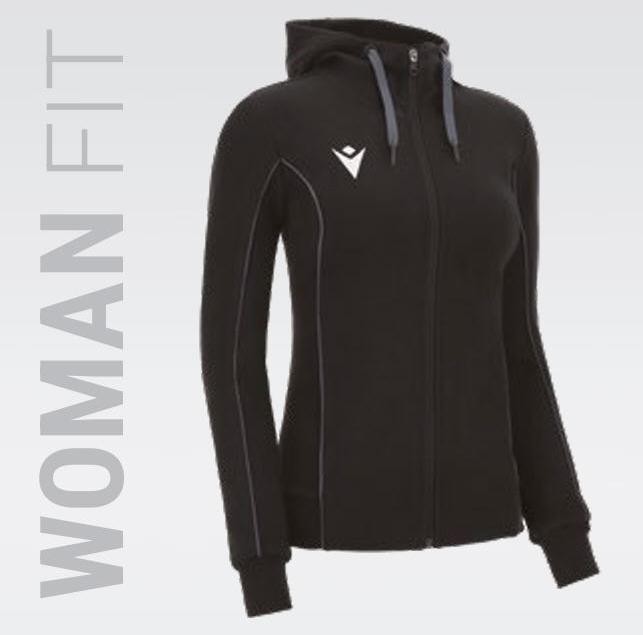 Czarna damska bluza bawełniana z kapturem Macron Bass Eco – taliowany model rozpinany na zamek z szarymi troczkami i białym logo Macron Hero.