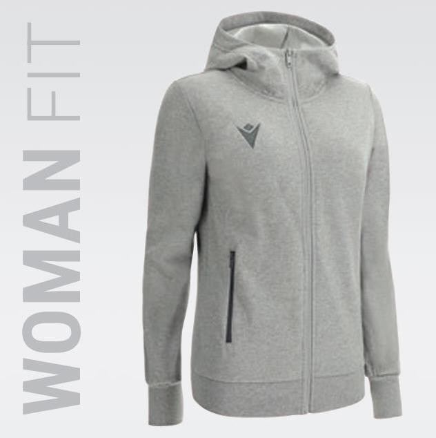 Popielata damska bluza bawełniana z kapturem Macron Drum Comfort – taliowany model rozpinany na zamek z kieszeniami i białym logo Macron Hero na piersi.