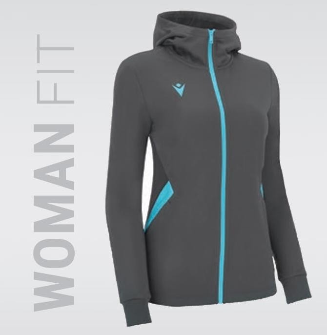 Damska bluza sportowa z kapturem Macron Bastet Victory – popielaty model z turkusowym zamkiem, grafiką na piersi i taliowanym krojem.