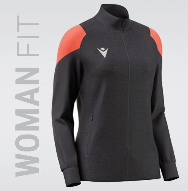 Damska bluza sportowa Macron Valkyria Glory – antracytowy model melanżowy z jaskrawymi koralowymi panelami na ramionach i białym logo Macron Hero.