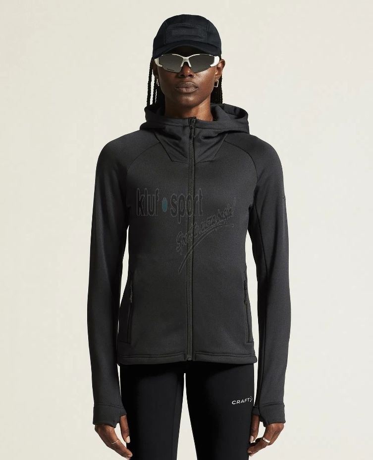 Damska kurtka sportowa Craft ADV Explore Power Fleece w kolorze czarnym – techniczna bluza z kapturem, taliowana, z logo Craft na piersi.