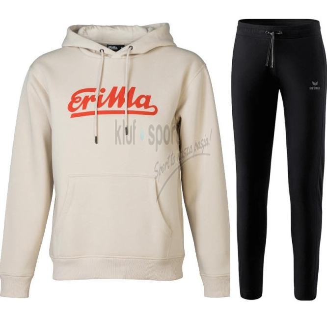 Damski dres bawełniany Erima Retro Fashion – kremowo-biała bluza z kapturem i dużym czerwonym logo oraz czarne, dopasowane spodnie sportowe.