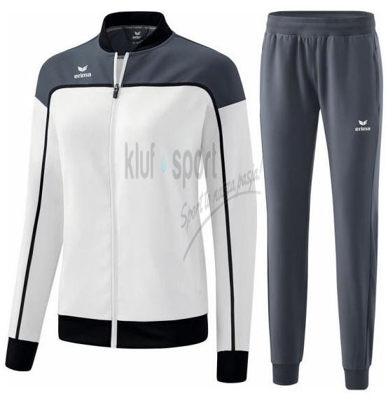 Damski dres tenisowy Erima Change – biała bluza sportowa rozpinana na zamek o taliowanym kroju z popielatymi detalami oraz popielate spodnie.