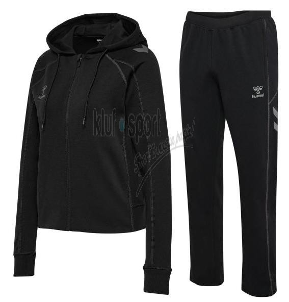 Damski czarny dres sportowy Hummel Move 2.0 – rozpinana bluza z kapturem oraz spodnie dresowe z szarymi szewronami na nogawce.