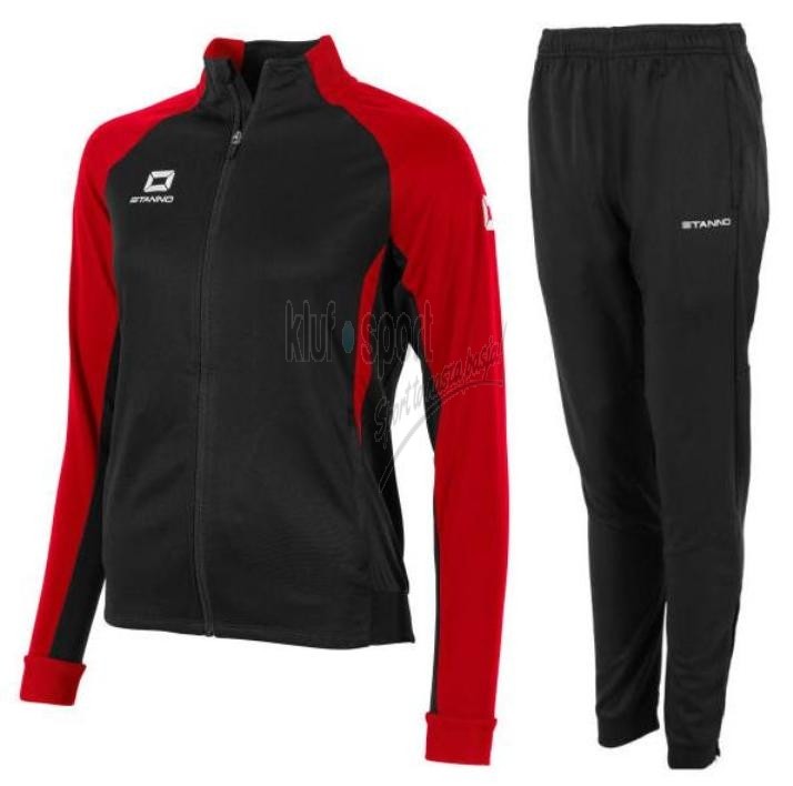 Damski dres treningowy Stanno Stadio – czarna rozpinana bluza ze stójką i czerwonymi rękawami raglanowymi oraz dopasowane czarne spodnie sportowe.
