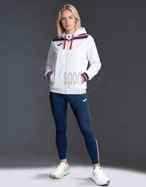 Damski dres tenisowy Joma Toledo II – biała bluza z kapturem zapinana na zamek oraz granatowe legginsy sportowe long tights.