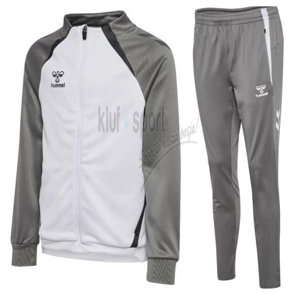 Damski dres treningowy Hummel Lead 2.0 – szaro-biała bluza rozpinana na zamek o taliowanym kroju oraz szare zwężane spodnie sportowe.