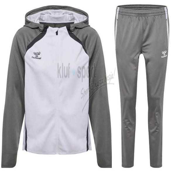Damski dres treningowy Hummel Lead 2.0 – szaro-biała rozpinana bluza z kapturem oraz dopasowane szare spodnie treningowe z logo Hummel.