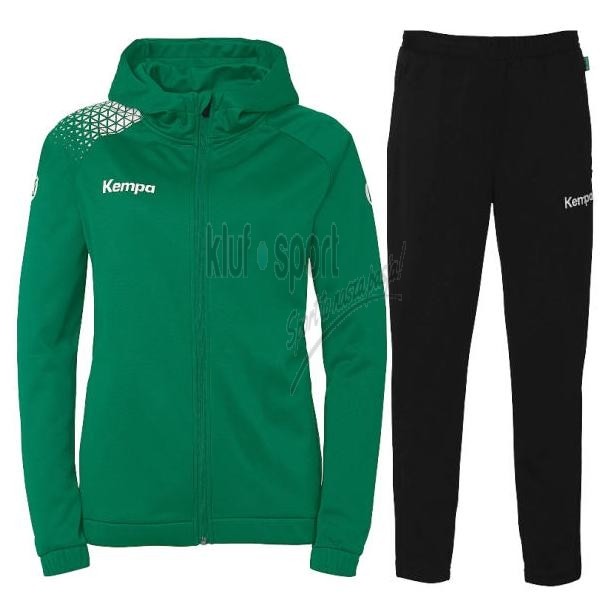Damski dres treningowy Kempa – zielona bluza Ambition 28 z kapturem i białymi detalami oraz czarne spodnie dresowe Kempa Motion Women.