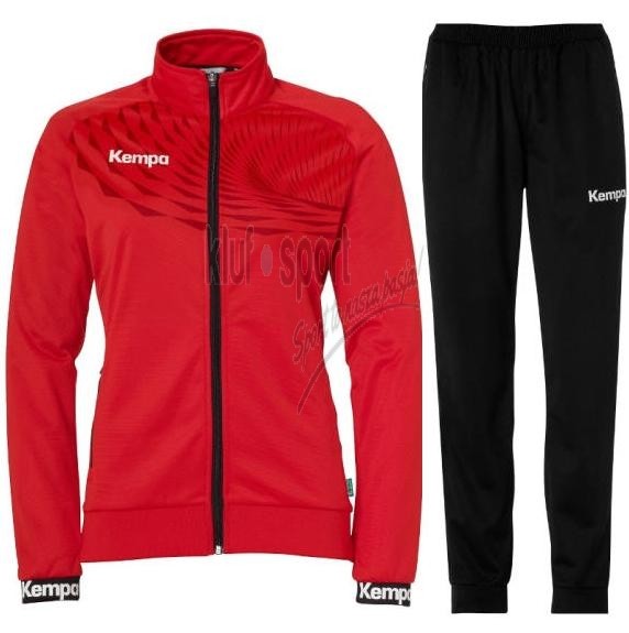 Damski dres treningowy Kempa Wave 26 – czerwona bluza rozpinana na zamek o kobiecym kroju oraz czarne spodnie dresowe Kempa Wave 26.
