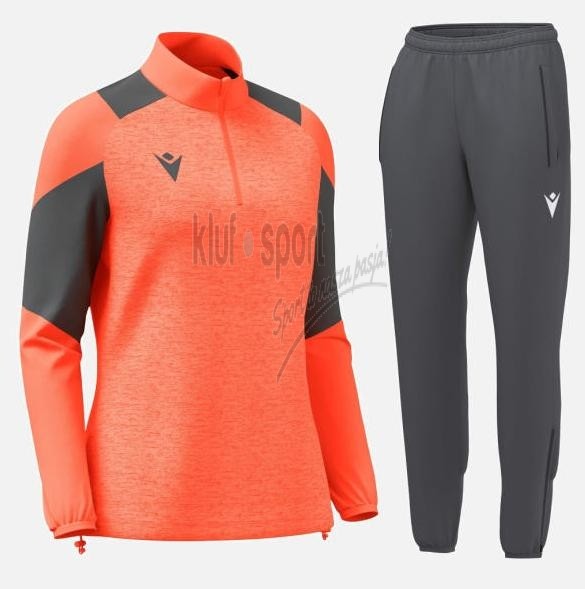 Damski koralowy dres treningowy Macron Chantico z bluzą 1/4 zip i otworem na kciuk oraz czarnymi spodniami Glory.