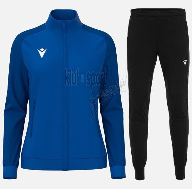 Damski dres treningowy Macron Rama – niebieska taliowana bluza rozpinana i dopasowane czarne spodnie sportowe.