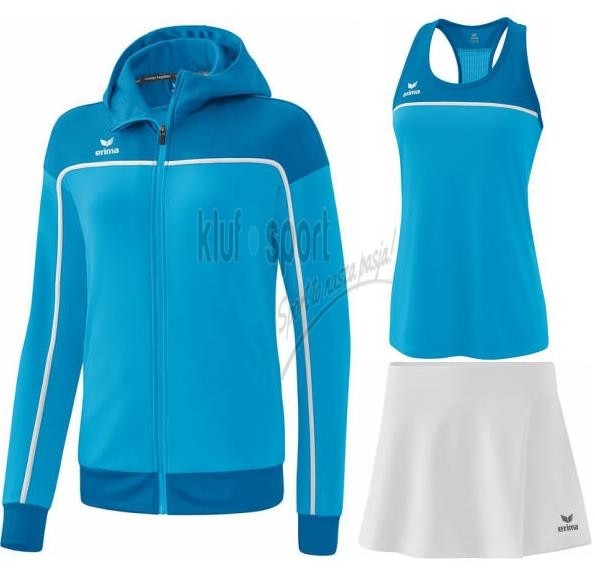 Damski komplet tenisowy Erima Change Premium – turkusowa bluza z kapturem na zamek, turkusowy top sportowy oraz biała spódniczka tenisowa Erima Performance.