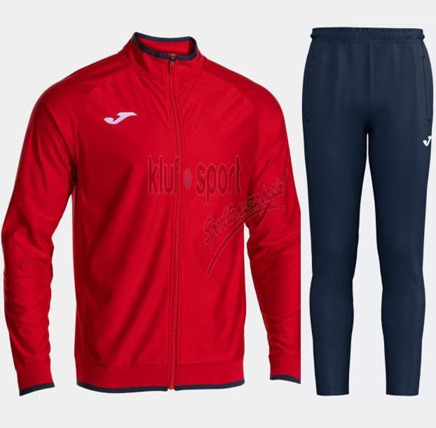 Męski dres treningowy Joma Combi Premium – czerwona bluza zapinana na pełny zamek oraz granatowe spodnie dresowe z białym logo Joma.