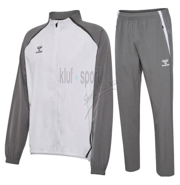 Męski dres sportowy Hummel Lead 2.0 – jasnoszara bluza rozpinana z białymi rękawami oraz szare spodnie sportowe z prostymi nogawkami.