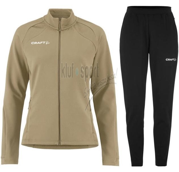 Damski dres treningowy Craft Extend 2.0 – beżowa bluza rozpinana ze stójką (Ladies Fit) oraz czarne, dopasowane spodnie sportowe z logo Craft.