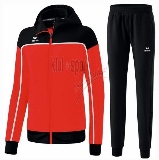 Damski dres sportowy Erima Change – czerwona bluza z kapturem wykonana z poliestru z recyklingu oraz czarne damskie spodnie reprezentacyjne.