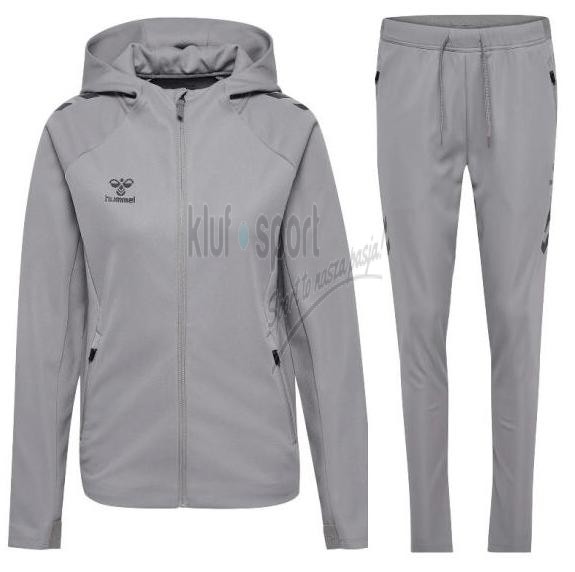 Damski dres sportowy Hummel Cima 2.0 – popielata bluza z kapturem i kieszeniami na zamki oraz dopasowane szare spodnie dresowe 