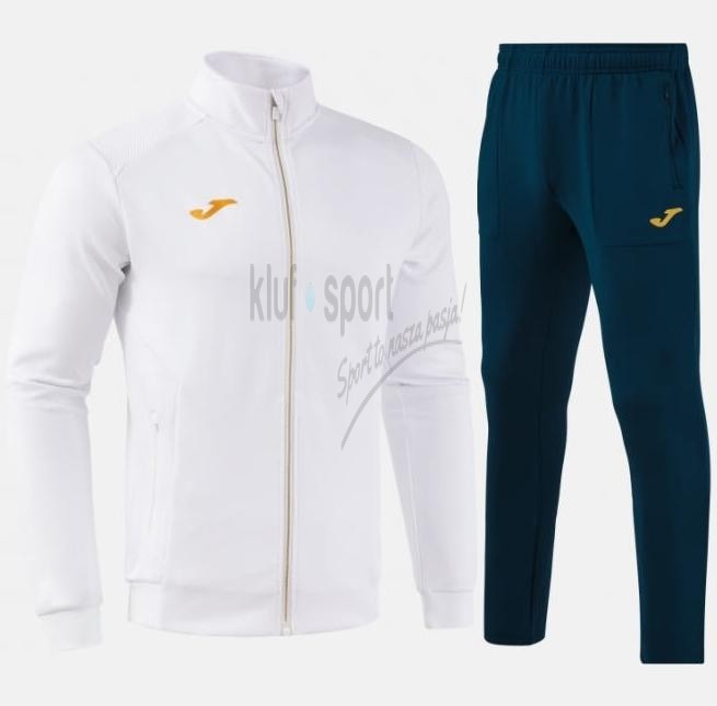 Męski dres tenisowy Joma Confort V – biała rozpinana bluza ze stójką i granatowe spodnie sportowe o ergonomicznym kroju.