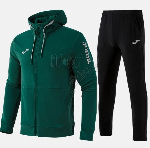 Męski dres sportowy Joma Invictus – zielona bluza treningowa z kapturem zapinana na zamek i czarne spodnie dresowe ze ściągaczami.