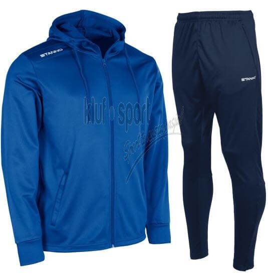 Męski dres sportowy Stanno Field – niebieska rozpinana bluza z kapturem oraz granatowe spodnie treningowe z białym logo Stanno.