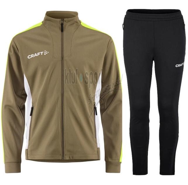 Męski dres treningowy Craft Evolve 2.0 Contrast – oliwkowa bluza z żółtymi pasami na ramionach i czarne dopasowane spodnie sportowe.