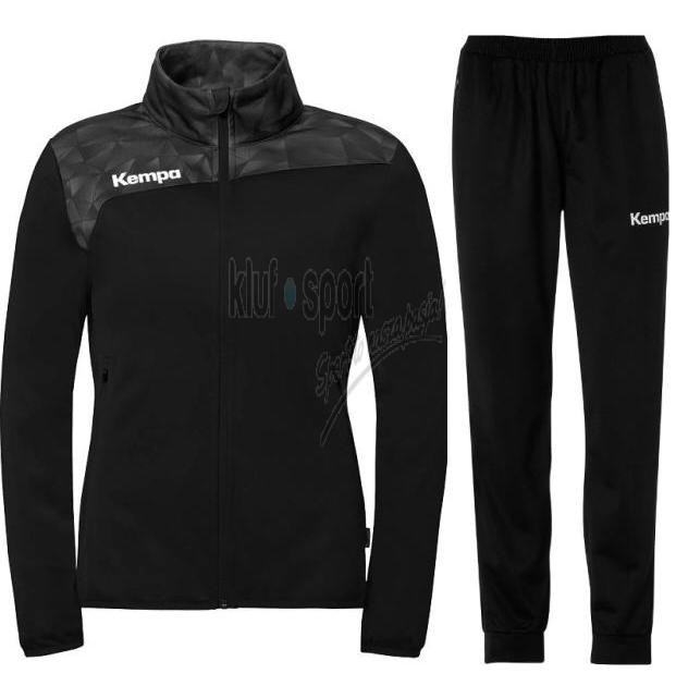 Damski dres treningowy Kempa Athletics 29 w kolorze czarno-antracytowym – komplet bluza poliestrowa i spodnie.